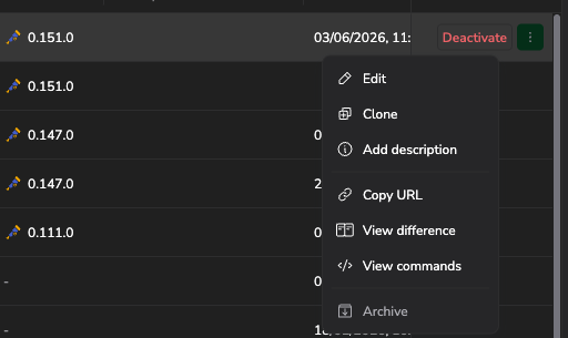 Screenshot of the configuration more actions menu showing Edit, Clone, Add description, Copy URL, View difference, View commands, and Archive