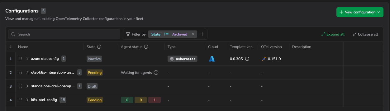 Screenshot of the Configurations tab showing a configuration row with applied, pending, and failed status counts