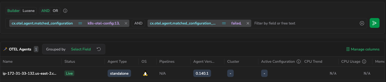 Screenshot of the Agents tab showing the filter builder pre-populated with matched configuration and status conditions and the matching agent listed