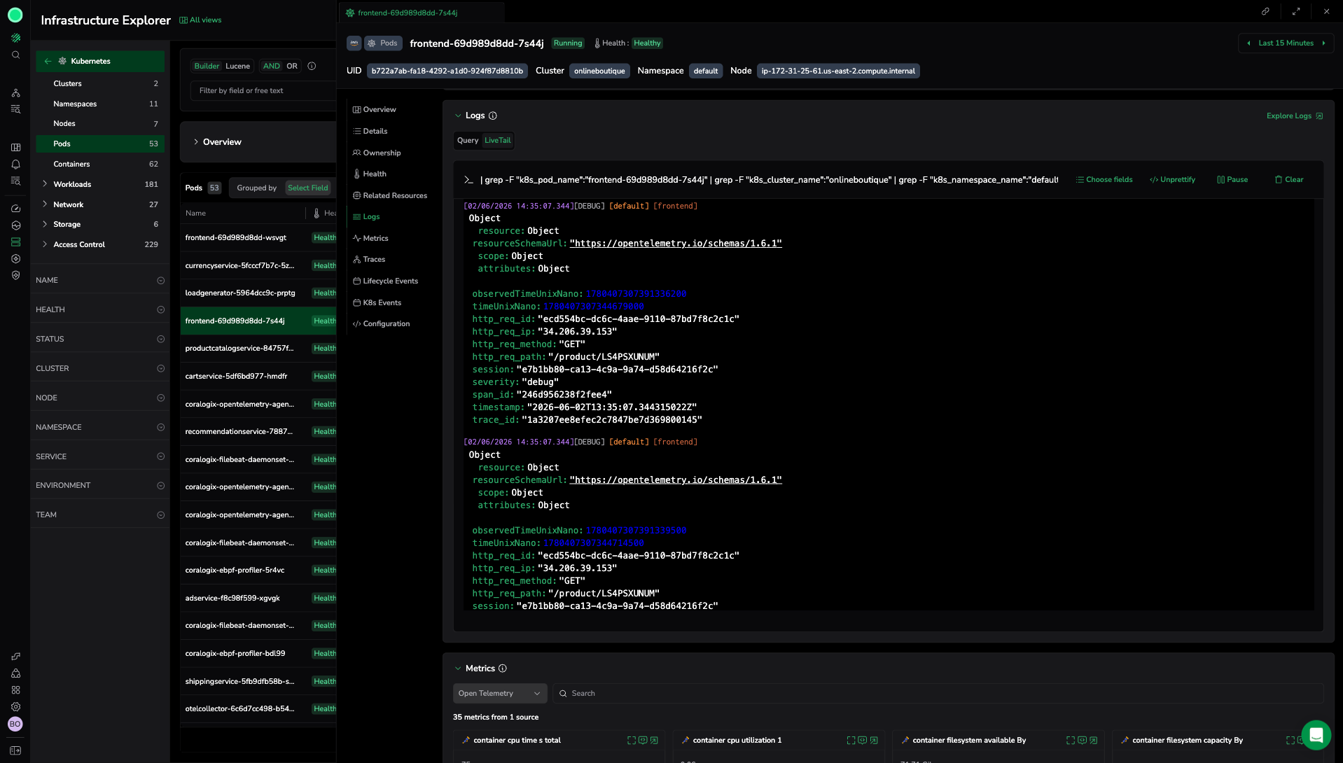LiveTail streaming in the Logs tab of a resource drilldown panel