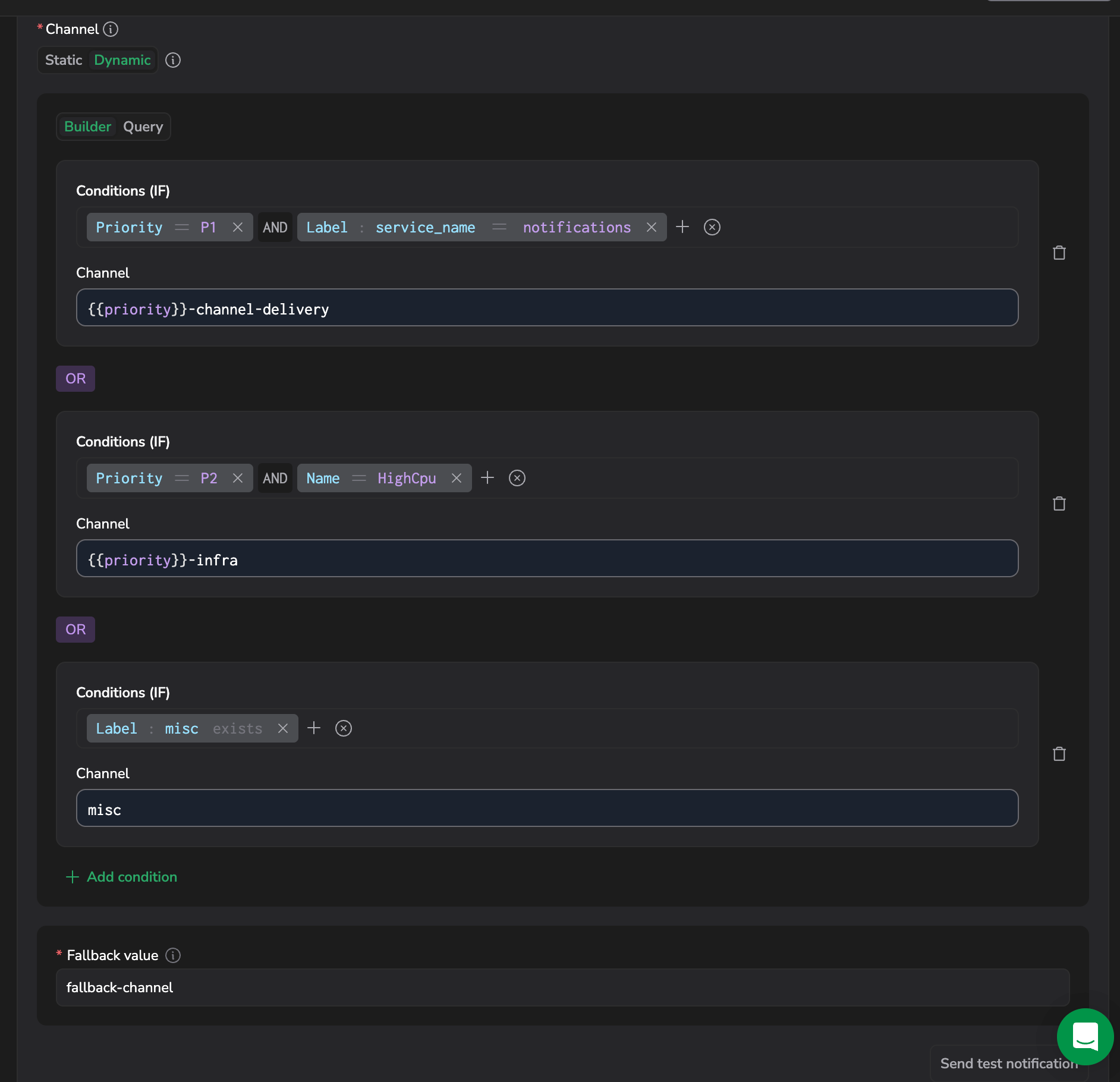 Channel builder with three OR conditions routing by priority, name, and label, plus a fallback channel