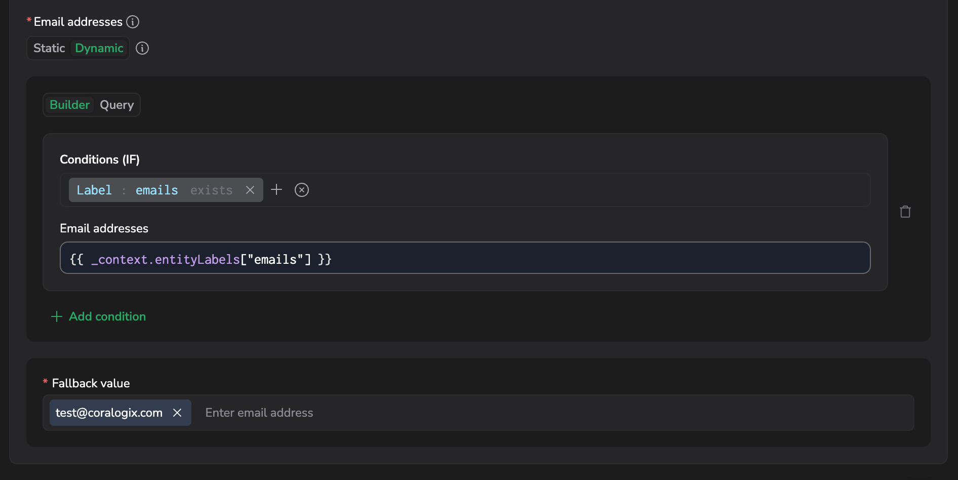 Email addresses builder that resolves recipients from the emails label with a fallback address