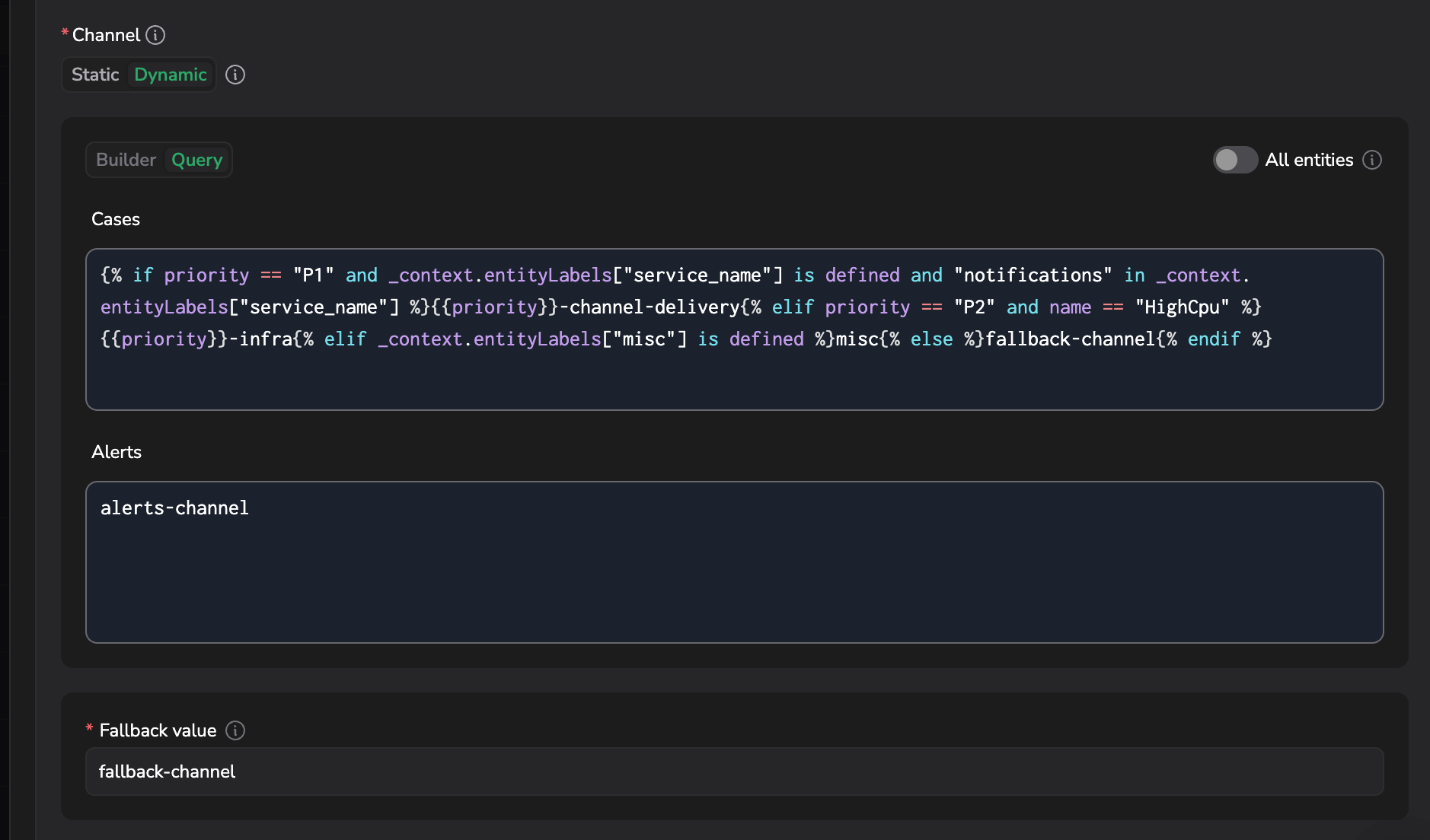 Channel field in Query mode with All entities turned off and separate Cases and Alerts expressions