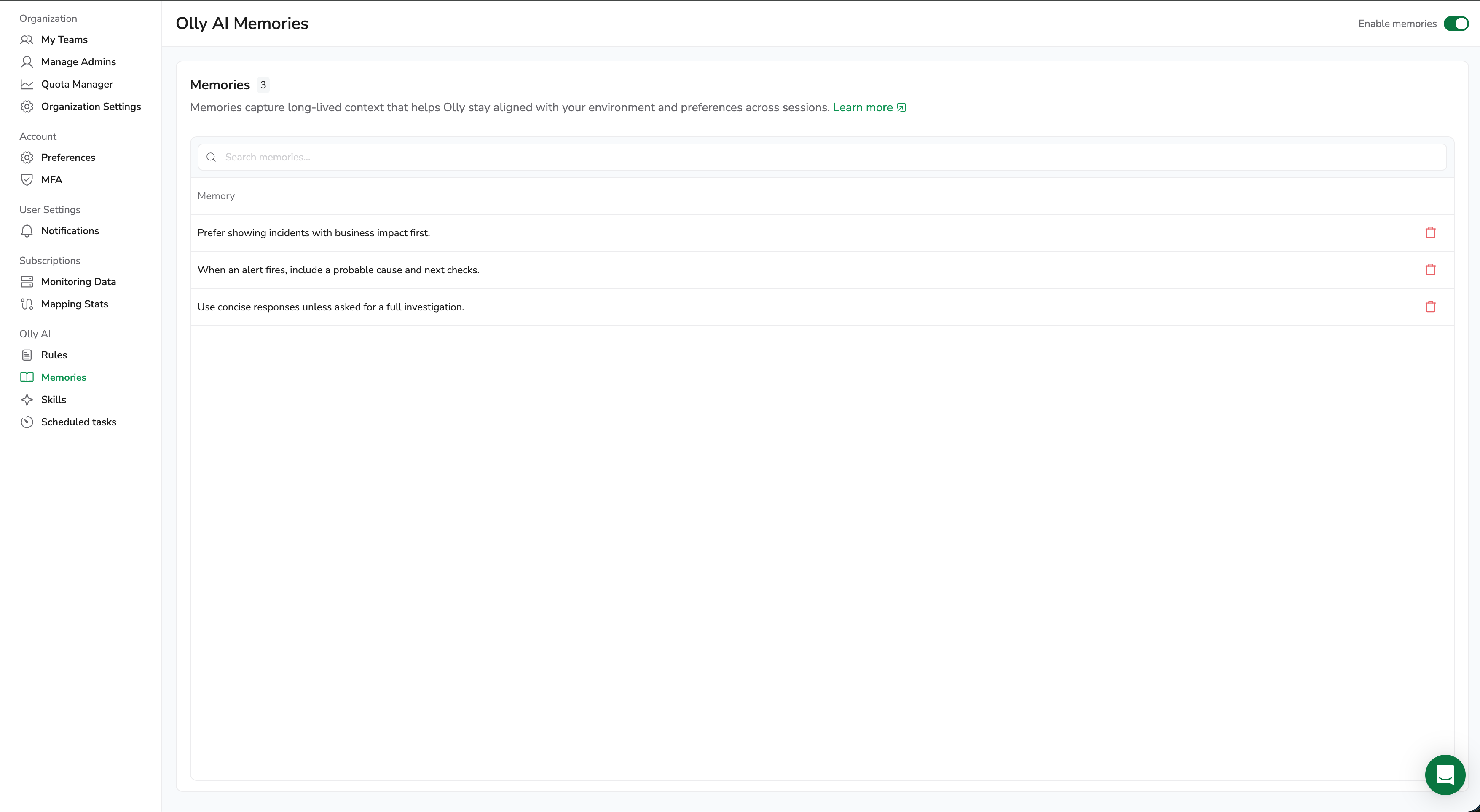 Memories settings page
