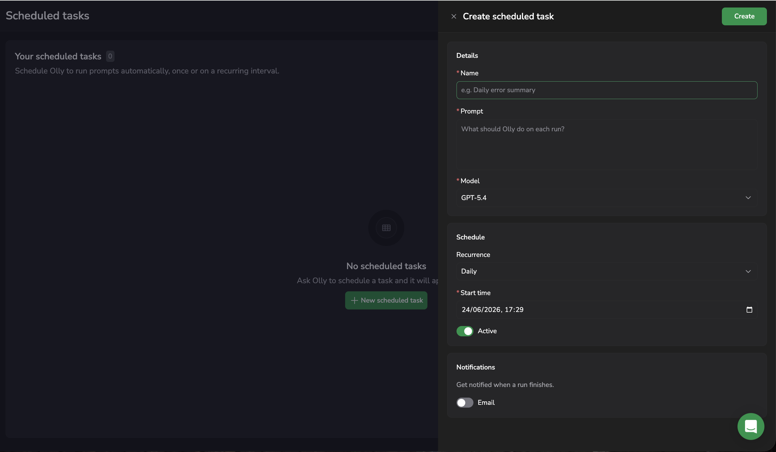 New scheduled task button and form