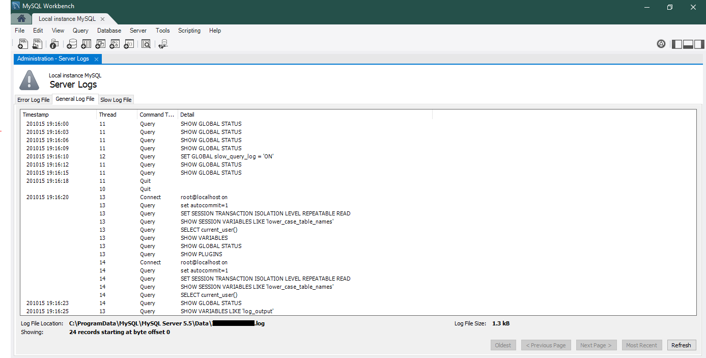 Viewing MySQL database logs on the workbench
