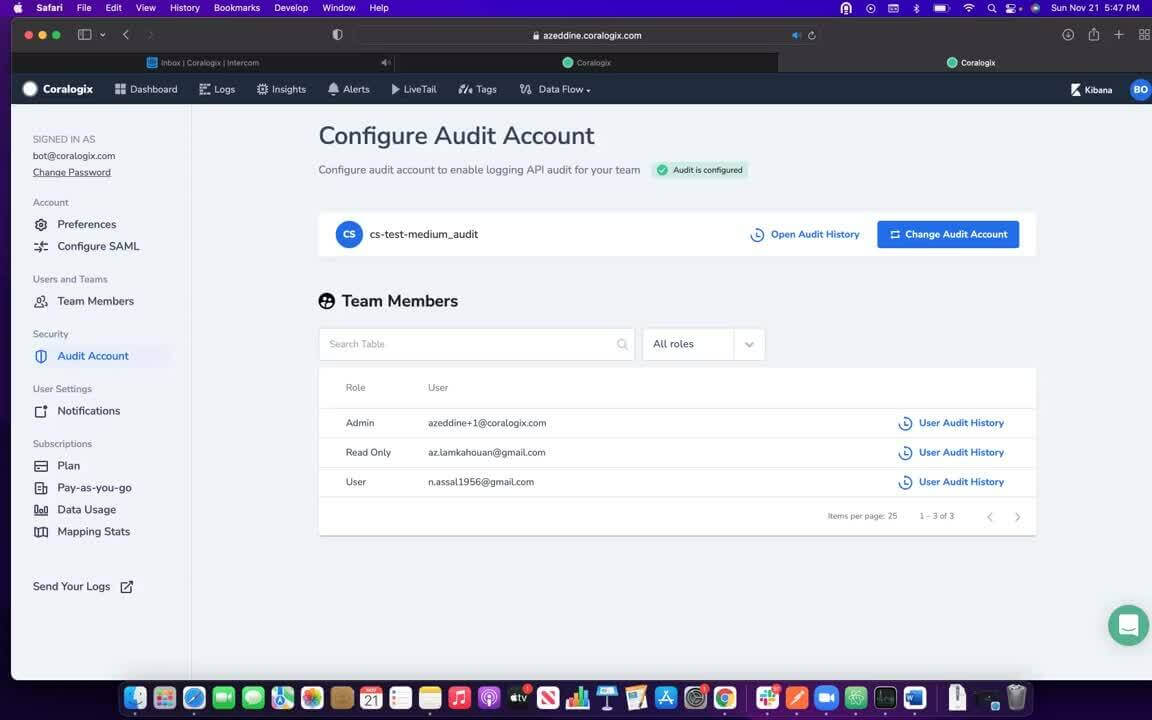 coralogix audit logs preview