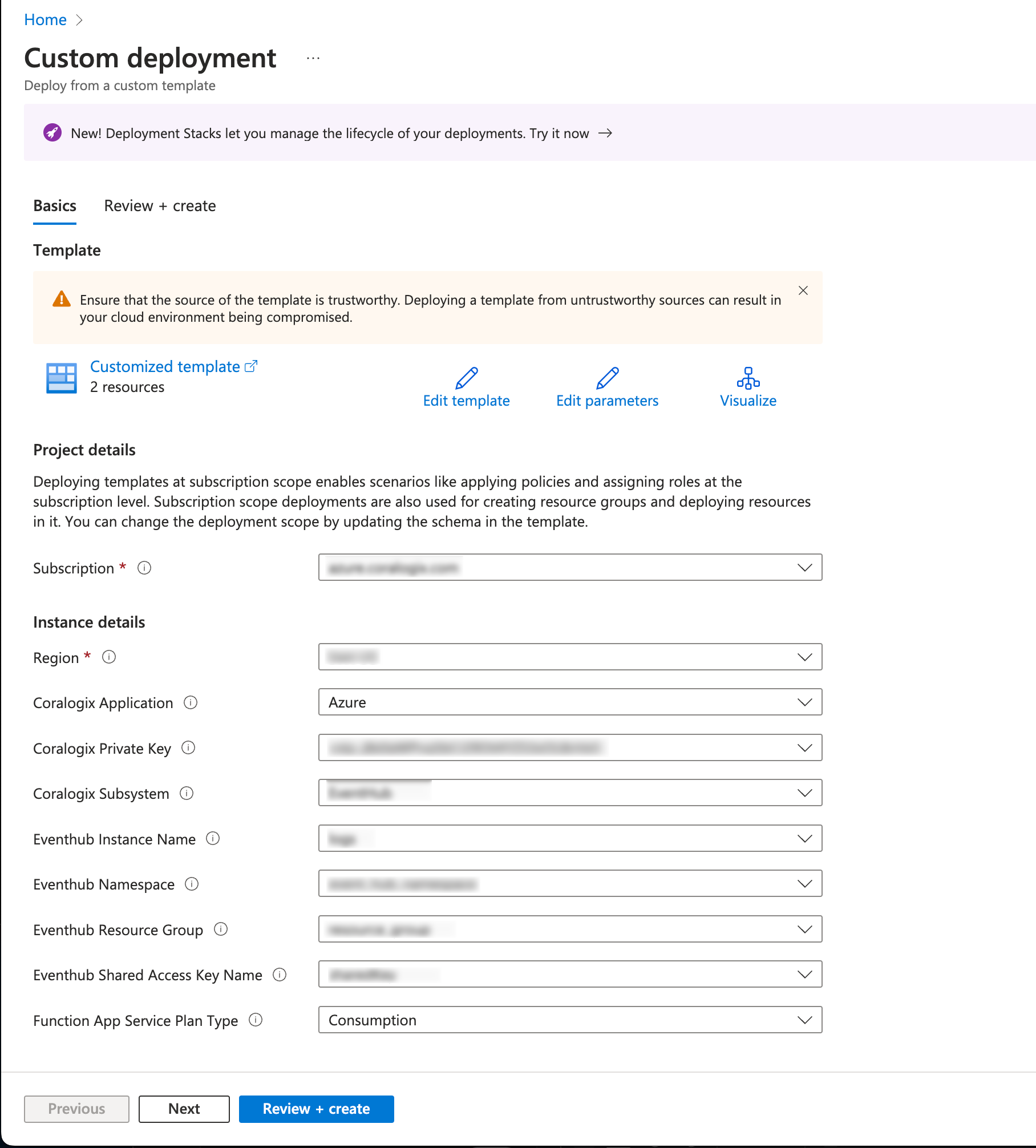 Azure Resource Manager Integration Packages ARM Coralogix