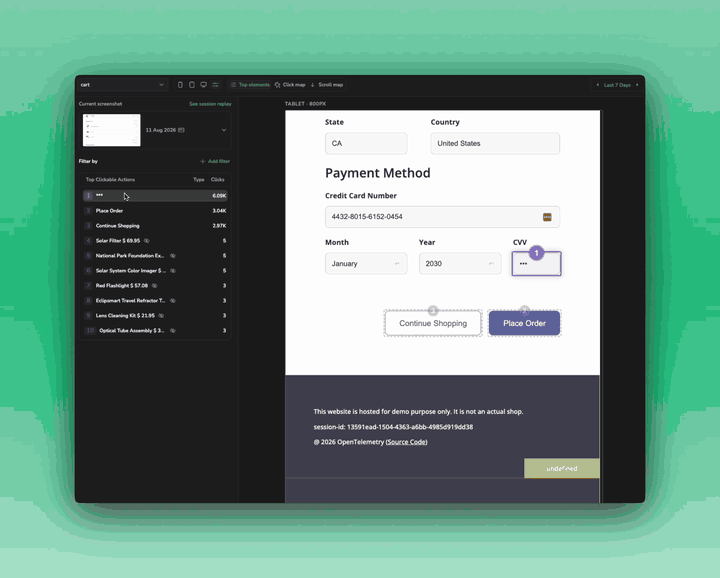 The heatmaps view, with top elements ranked beside the page screenshot and each ranked element badged on the image itself.
