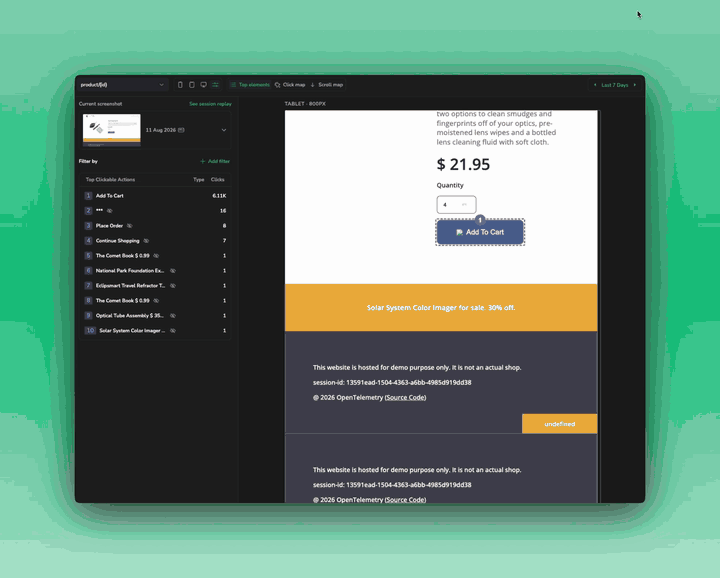 Drilling from an aggregate action count into the users behind it, then into one user's session and the events it recorded.