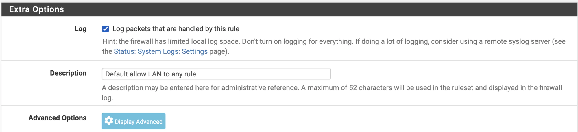 extra configuration options pfsense