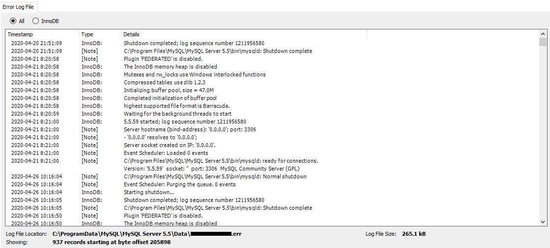 MySQL error logs