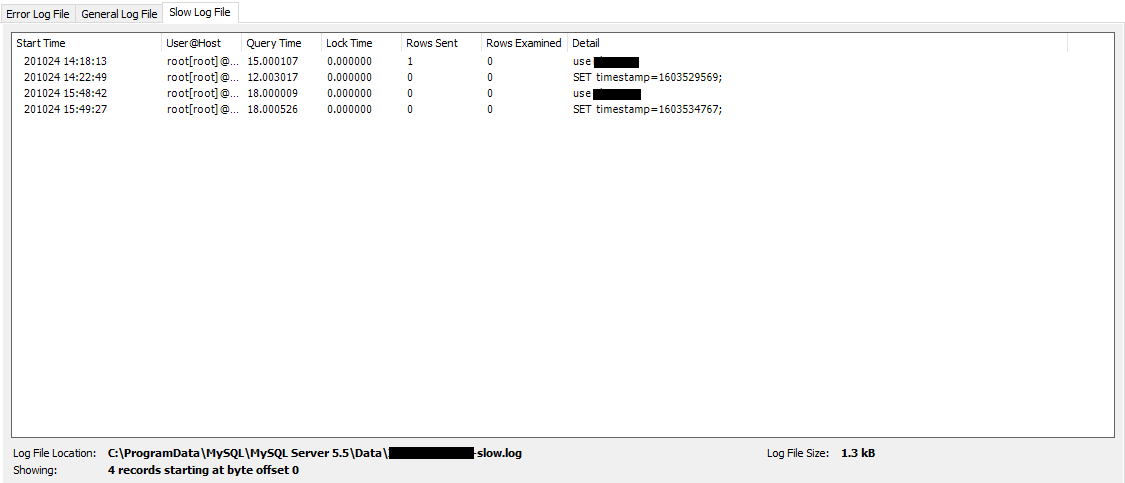 Entries for slow query logs