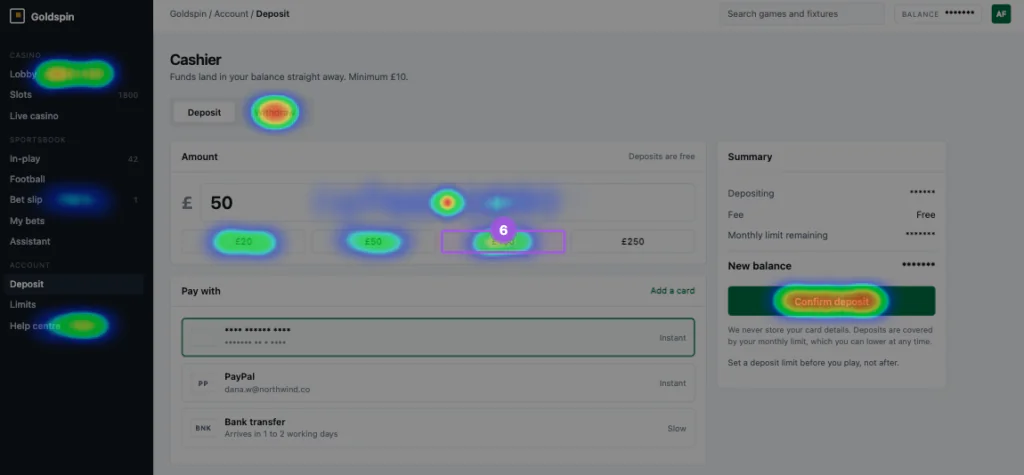 Product Analytics on the cashier page, rage clicks badged on the deposit confirmation button