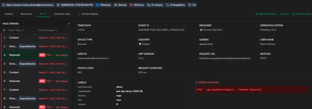 The RUM error attached to the session, showing the failed deposit call